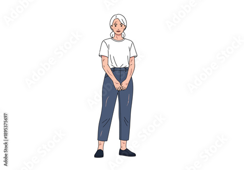 Full body side view of a young adult woman with blonde hair wearing a white t shirt and blue pants standing against a stark white background