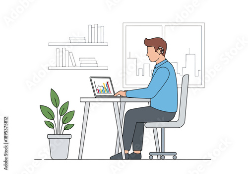 Young businessman working on laptop showing financial charts and graphs at desk in modern office interior with city view background