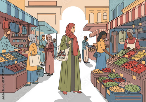 Diverse Group Shopping Everyday Goods at Lively Outdoor Marketplace Bustling with Vendors and Shoppers