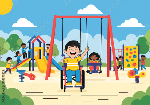 Children of Diverse Abilities Enjoy Accessible Playground Fun Inclusive Recreation Outdoors on Sunny Day