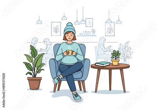 Cozy Woman Relaxing Indoors Holding Warm Beverage In Armchair With Plants On Table And Blurred Background People