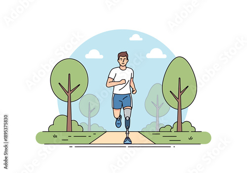 Determined individual with prosthetic leg running outdoors on a park path surrounded by trees and green space exploring active lifestyle and personal
