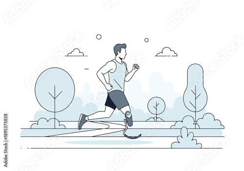 Man with prosthetic leg running outdoors on a paved path through green park with trees and clouds in a clean line art design
