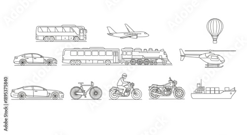 Collection of diverse transportation vehicles and modes of travel.