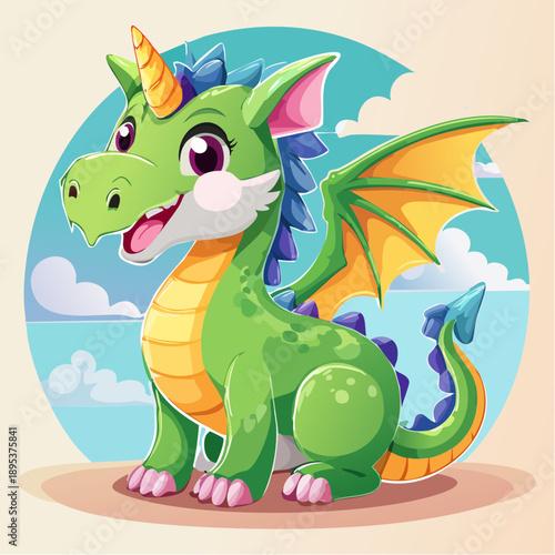 Illustrate a playful, mythical creature mascot, like a dragon or unicorn