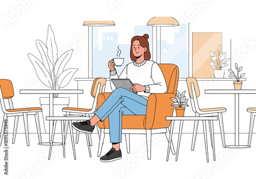 Relaxed woman enjoying hot beverage while using tablet device in a modern cafe setting with comfortable seating and natural light