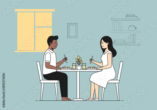 Diverse couple enjoying a meal together at a table in a simple interior setting with natural light filtering through a window