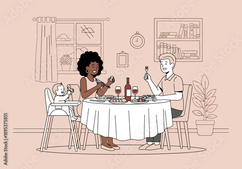 Family enjoying a meal together at a dining table at home with a baby in a high chair celebrating togetherness and domestic life