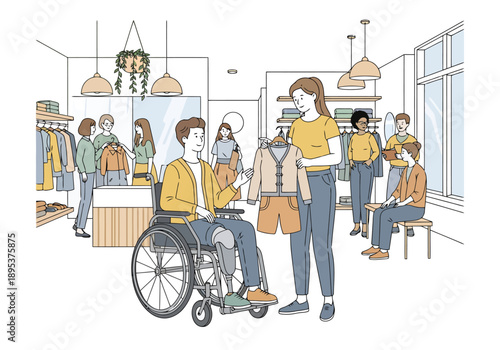 Diverse shoppers with different abilities explore clothing retail store in modern shopping environment seeking apparel together with assistance