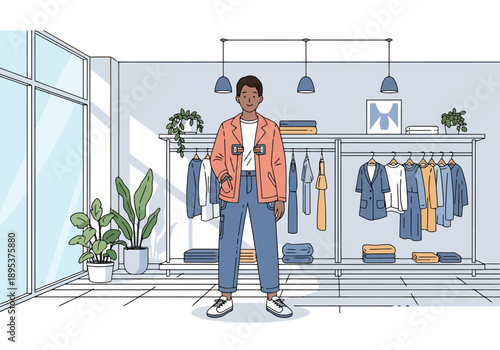 Young Man Standing In Modern Clothing Store Displaying Apparel Fashion Retail Environment And Garments On Rack