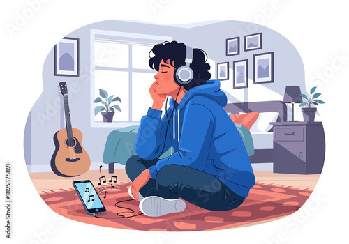 Teenager enjoys music with headphones and smartphone in cozy bedroom with guitar and bed