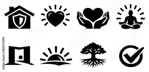 Sanctuary concept overview in bold style: protective shelter, calm heart, safe hands, peaceful aura, quiet space, soft light, grounding roots, serenity. Vector icons
