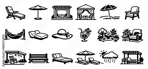 Shade Comfort and Relaxation in outline style: lounge chair, outdoor umbrella, shaded terrace, garden canopy, beach umbrella, patio chair, shaded hammock. Vector icons