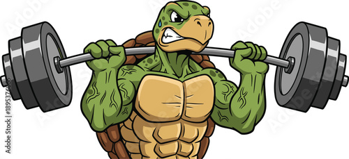 Muscular cartoon turtle lifting weights, strong reptile fitness mascot, bodybuilding workout concept, gym power illustration, funny animal character, design, vector