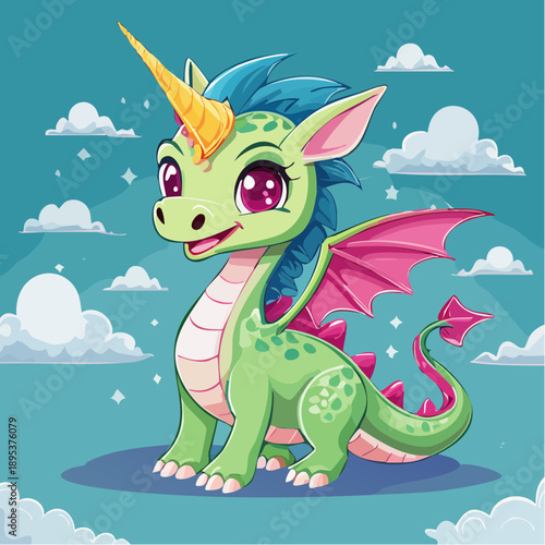 Illustrate a playful, mythical creature mascot, like a dragon or unicorn