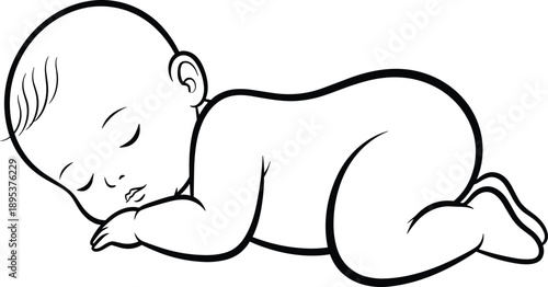 Black and white line art illustration of sleeping baby lying peacefully isolated on white background cute infant drawing