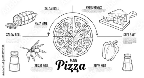 Black and White Hand drawn Pizza Ingredients Infographic Showing Pepperoni, Cheese, Olives, Pepper and Spices