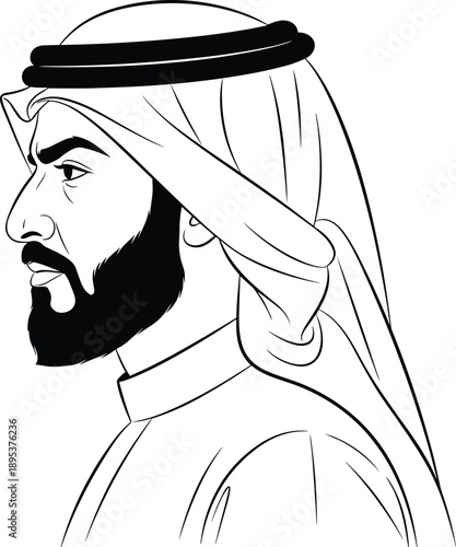 Black and white line art portrait of Middle Eastern man wearing traditional keffiyeh and agal isolated on white background illustration