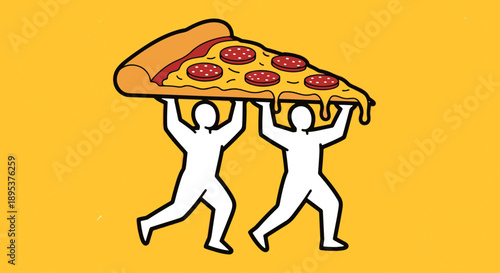 Two Strong Abstract Silhouetted Figures Carrying a Giant Delicious Pepperoni Pizza Slice Across a Vibrant Yellow Surface