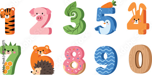 Cute animal numbers illustration set, cartoon digits zero to nine, kids education concept, playful typography, colorful vector design