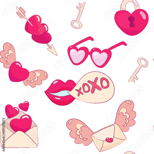 Seamless vector pattern with cute Valentine s Day elements including hearts, lips, love letters, arrows, wings, and romantic symbols. Playful pink color palette creates a cheerful and loving mood.