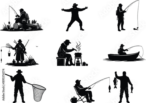 Black and white silhouette set of fishermen activities including fishing, camping, cooking, and boating isolated on white background illustration
