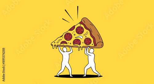 Two Strong People Carrying a Huge Pepperoni Pizza Slice with Melting Cheese on a Bright Yellow Scene