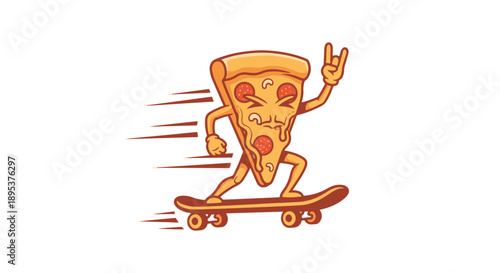 Fun Cartoon Pizza Slice Character with Pepperoni on a Skateboard, Making a Rock and Roll Hand Gesture