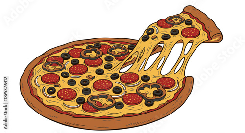 Classic Cheesy Pizza with a Rising Slice Showing Melting Mozzarella, Pepperoni, Olives, Bell Peppers, and Golden Crust