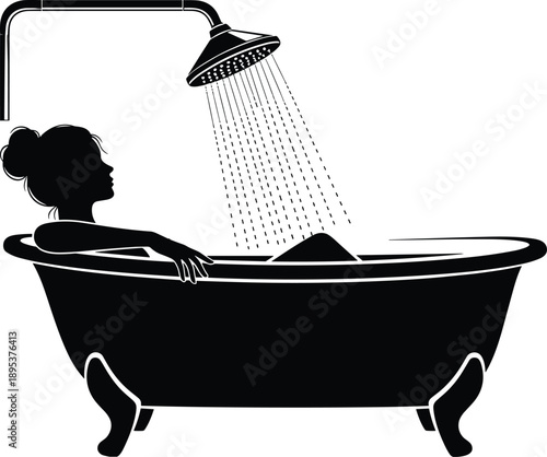 Black silhouette of woman relaxing in bathtub under shower with water flow isolated on white background bathroom lifestyle illustration