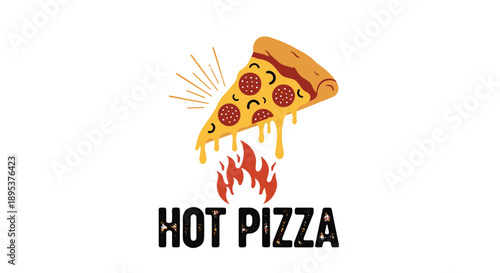 Melting Cheese Pepperoni Pizza Slice with Glowing Rays and Red orange Flames, Featuring Bold hot Pizza Lettering