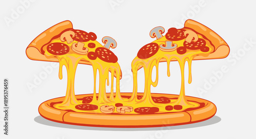 Delicious Hot Pizza Slices with Melted Mozzarella Cheese Stretching and Dripping, Topped with Pepperoni and Mushrooms