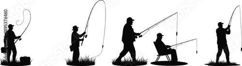 Black silhouette set of fishermen casting fishing rods in different poses isolated on white background outdoor leisure illustration