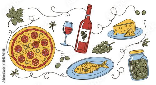 Assortment of Classic Italian Culinary Elements Including Pizza, Wine, Cheese, Fish, and Green Olives