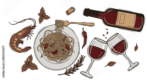 Overhead View of a Gourmet Italian Pasta Meal with Shrimp, Spicy Chili, Fine Red Wine, and Clinking Glasses