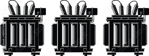 Black silhouette set of industrial electrical power transformers with coils and insulators isolated on white background energy infrastructure illustration