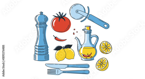 Cooking Ingredients and Tools Including Pepper Grinder, Tomato, Lemons, Olive Oil, Pizza Cutter, and Cutlery