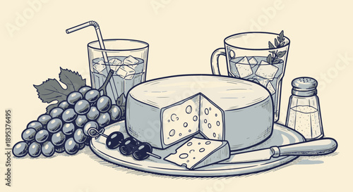 Arrangement of Round Cheese with a Slice, Fresh Grapes, Olives, and Cold Beverages in a Rustic Hand drawn Style