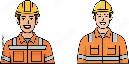 Two construction workers in orange safety vests and yellow hard hats, isolated on white background
