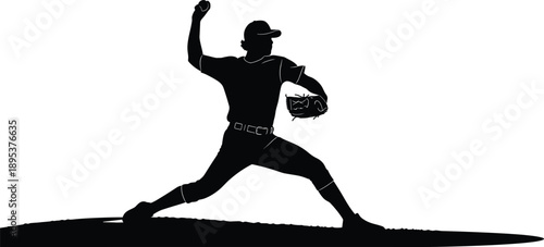  Baseball pitcher silhouette mid throw on mound, professional male athlete pitching action, powerful sports motion, isolated black vector illustration on white background