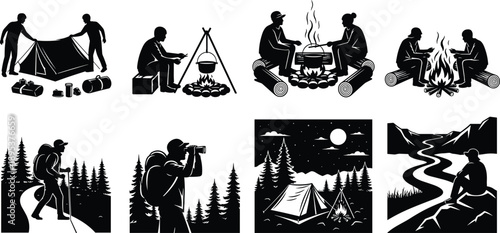 Camping and outdoor adventure silhouette set with hikers, campfire cooking, tent setup, night landscape, forest exploration scenes