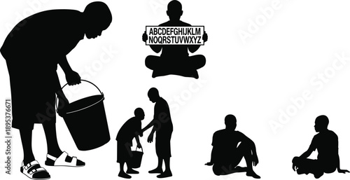 Children silhouettes set showing learning, helping, sitting and daily activities, childhood education, poverty and social awareness concepts illustration