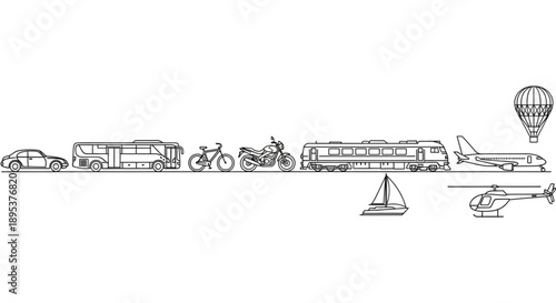 Collection of diverse transportation vehicles and modes of travel.