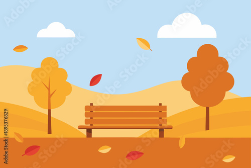 Autumn Park With Falling Leaves And Wooden Bench