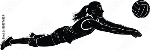 Female volleyball player silhouette diving to receive ball, defensive dig action pose, professional athletic movement, dynamic team sport gameplay, black vector illustration