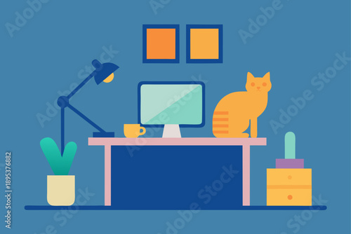 Cozy Freelancing Corner With Cat On Desk