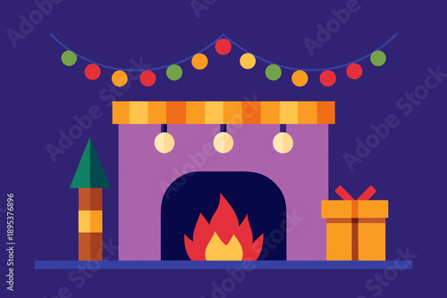 Cozy Holiday Interior With Lit Fireplace And Festive Decor