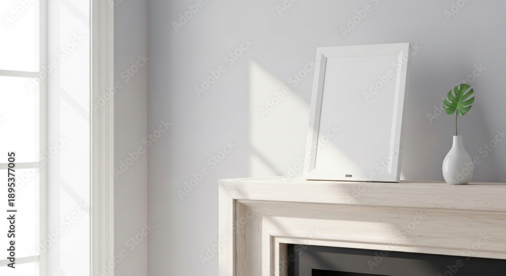 Fototapeta premium Empty white photo frame standing on a light wood fireplace mantel with a minimalist plant in a vase, bathed in natural light