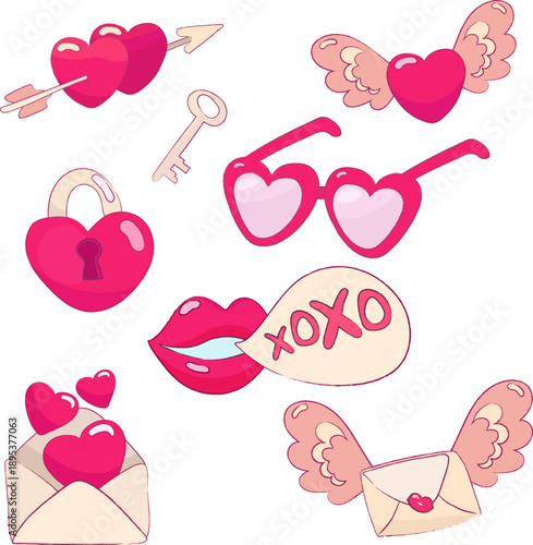 Seamless vector pattern with cute Valentine s Day elements including hearts, lips, love letters, arrows, wings, and romantic symbols. Playful pink color palette creates a cheerful and loving mood.