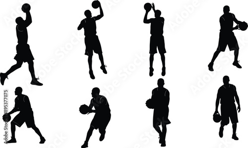  Basketball player silhouette shooting and dribbling action set, jump shot and ball handling poses, professional athletic movements, dynamic team sport, black vector illustration